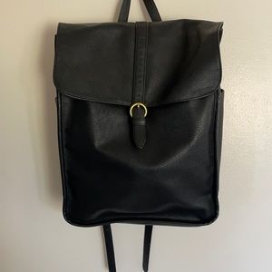 Black Faux Leather Backpack With Gold Detailing